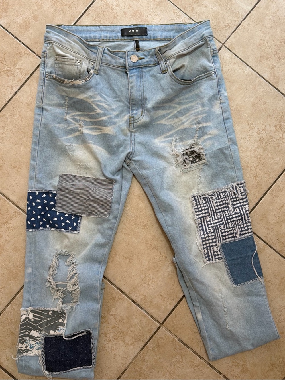 AMIRI Light Blue Patchwork Distressed Men's Jeans
